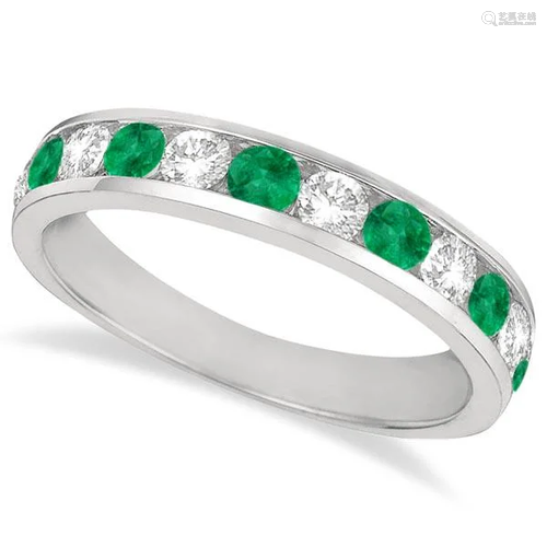 Channel-Set Emerald and Diamond Ring Band 14k White Gol