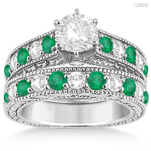 Antique style Diamond and Emerald Bridal Ring Set 18k W