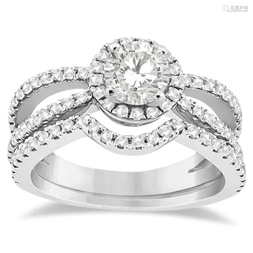 Diamond Halo Split Shank Engagement Bridal Set 14k Whit