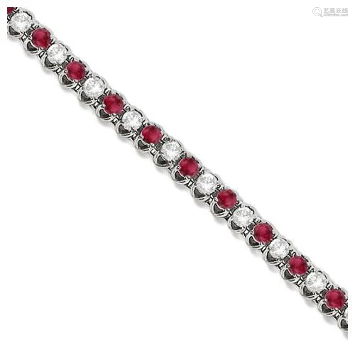 Round Ruby and Diamond Tennis Bracelet 14k White Gold 4