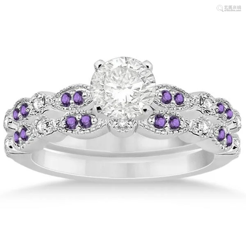 Marquise and Dot Amethyst and Diamond Bridal Set 14k…