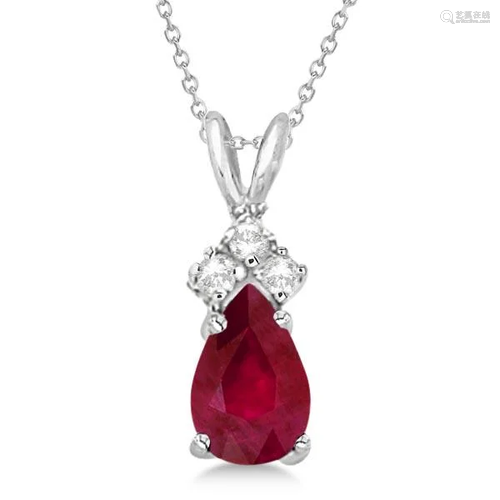 Pear Ruby and Diamond Solitaire Pendant Necklace 14k Wh