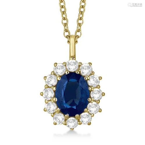 Oval Blue Sapphire and Diamond Pendant Necklace 14k Yel