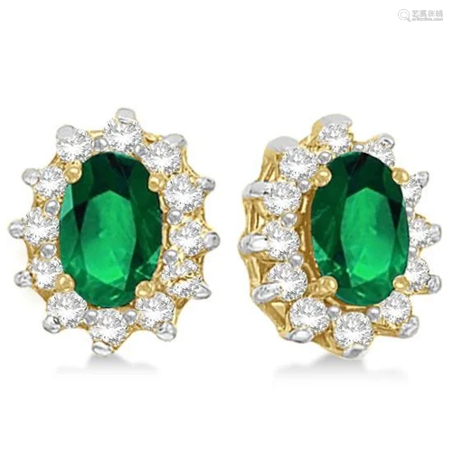 Oval Emerald and Diamond Accented Earrings 14k Yello…