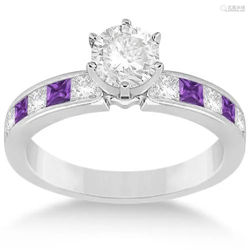 Channel Amethyst and Diamond Engagement Ring 14k White