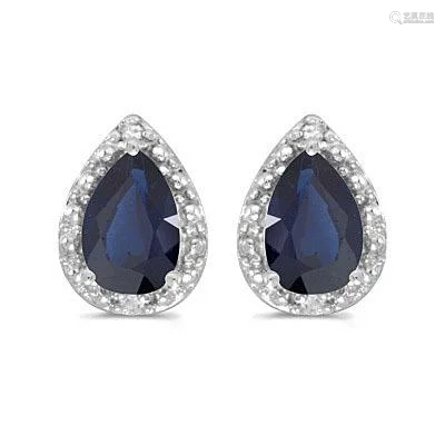 Pear Blue Sapphire and Diamond Stud Earrings 14k White