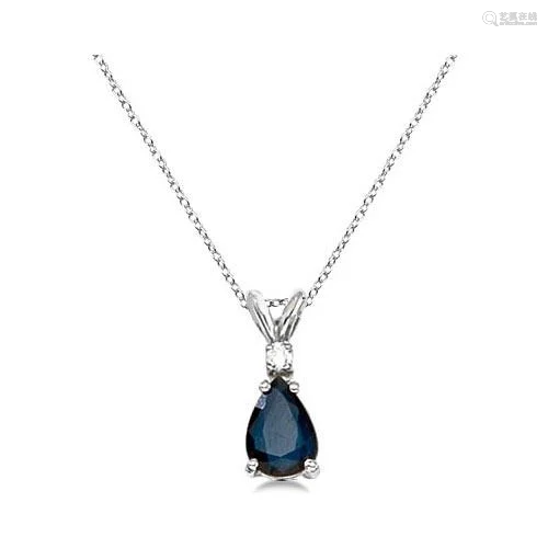 Pear Blue Sapphire and Diamond Solitaire Pendant Neckla