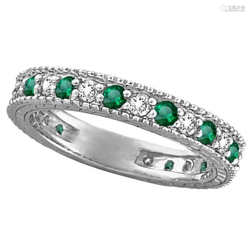 Diamond and Emerald Anniversary Ring Band in 14k White