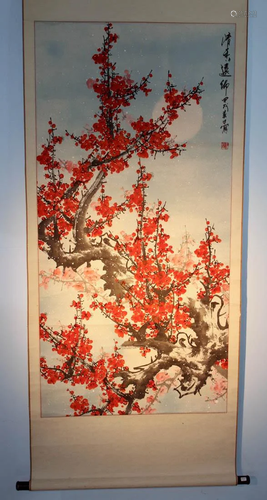 Chinese Scroll Painting of Red Plum Blossom