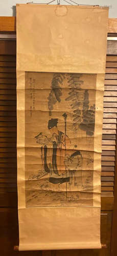 Chinese Scroll Painting on Paper - Scholar with Deer