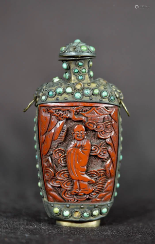 Chinese Cinnebar Snuff Bottle - Lohan