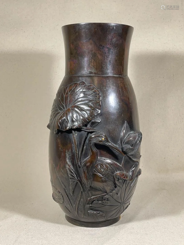 Signed Japanese Meiji Bronze Vase - Heron and Lotus