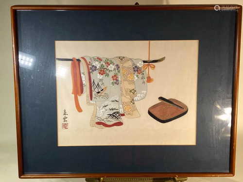 Japanese Water color Painting on Silk - Kimono on Rack