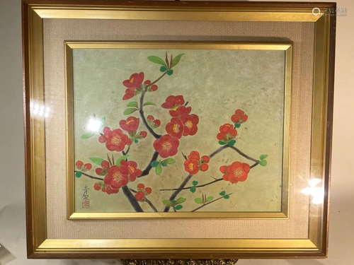 Japanese Water Color Painting - Red Flower on Branch