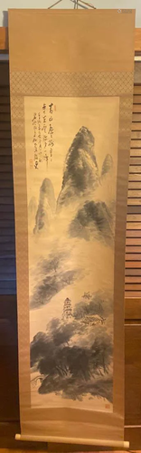 Japanese Scroll Painting - Mountain and Pagoda