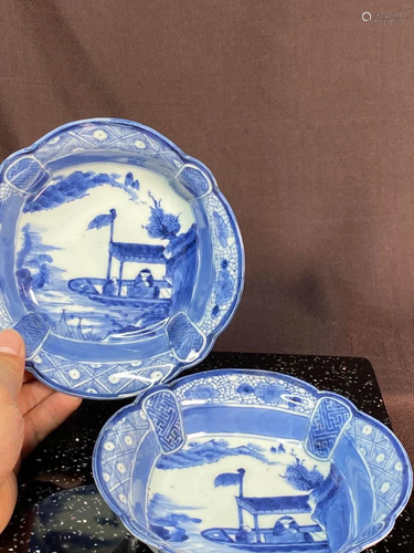 Pair Japanese Blue White Porcelain Bowls - Boat Scene