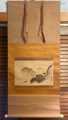 Japanese Scroll Painting - Boat and Distant Mountain