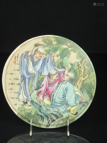 Chinese Famille Rose Porcelain Plaque with Lohan Scene