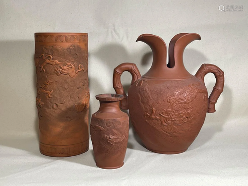 Asian Yixin Clay Vases with Dragon DÃ©cor