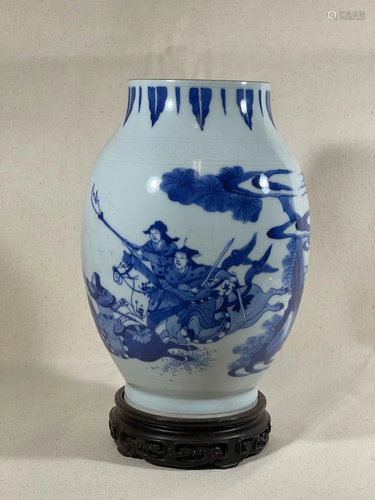 Chinese Blue White Porcelain Jar with Warriors