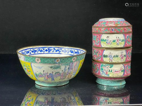 Chinese Enamle on Copper Bowl and Boxes