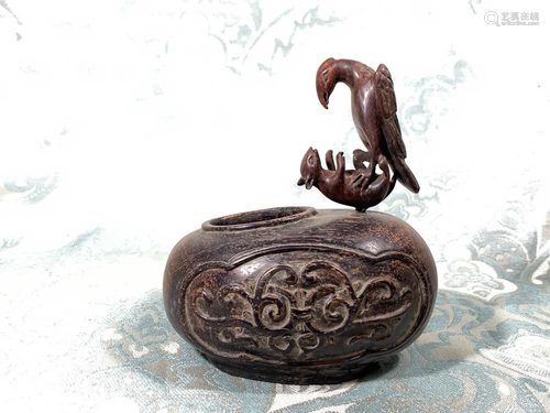 Chinese Carved Zitan Wood - Hawk Hunting Rabbit