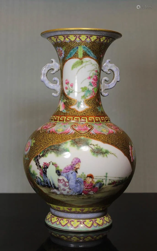 Chinese Famille Rose Porcelain Vase of Scholar Scene -