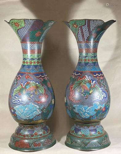 Pair Early Japanese Cloisonne Vases - Dragon