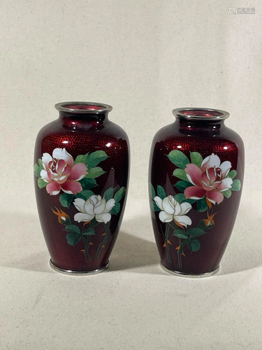 Pair Japanese Pigeon Blood Cloisonne Vases