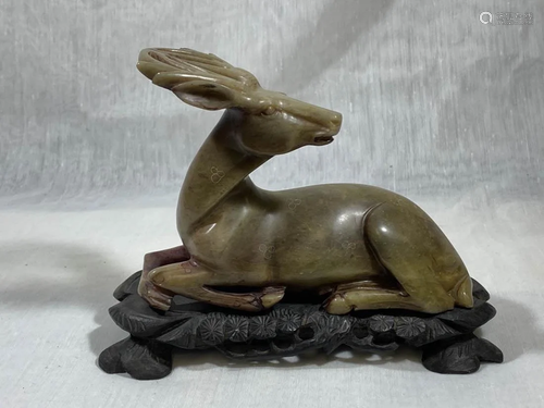 Chinese Carved Soapstone Deer on Wood Stand