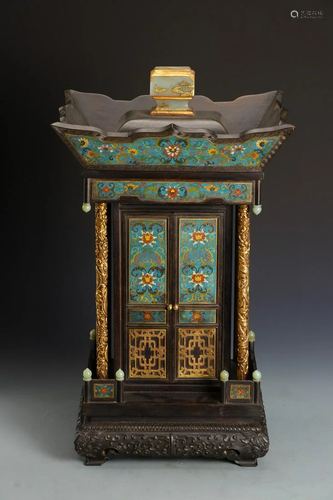 A Chinese Cloisonne and Carved Hardwood Buddha Niche