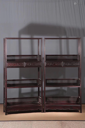 A Pair of Chinese Carved Hardwood Book Shelves