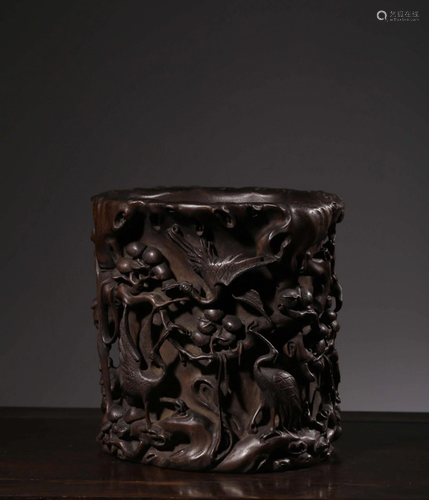 A Chinese Carved Hardwood Brush Pot