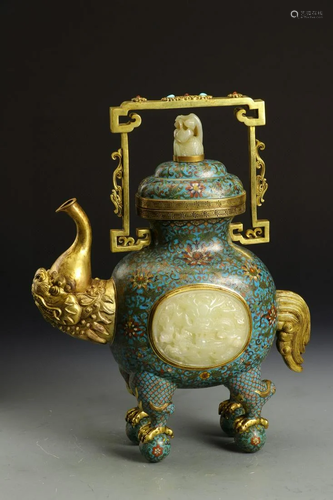 A Chinese Cloisonne Wine Pot with Jade Inlaid