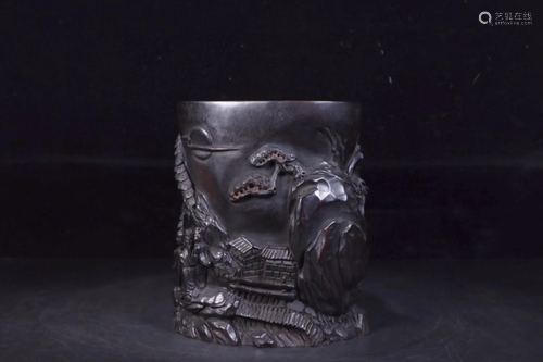 A Chinese Carved Hardwood Brush Pot