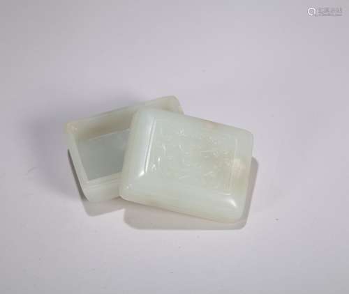 A Chinese Carved Jade Square Box with Lid