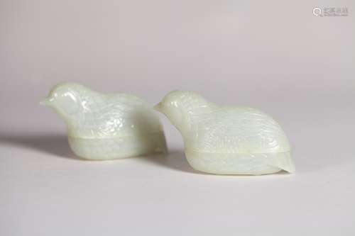 A Pair of Chinese Carved Jade Bird-Shape Boxes with Lids