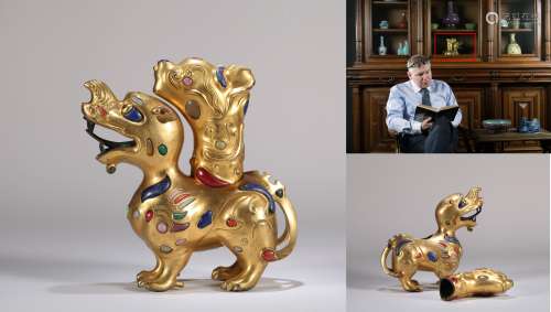 A Chinese Gilt Bronze Foo-Dog with Hard Stone Inlaided