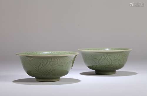 A Pair of Chinese Celadon Glazed Porcelain Bowl