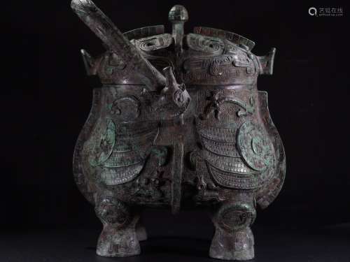 汉代 青铜器 双兽耳提梁樽