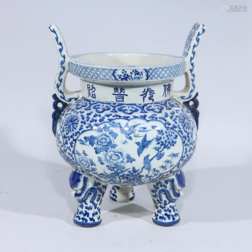 Large Chinese Blue & White Porcelain Tripod Censer