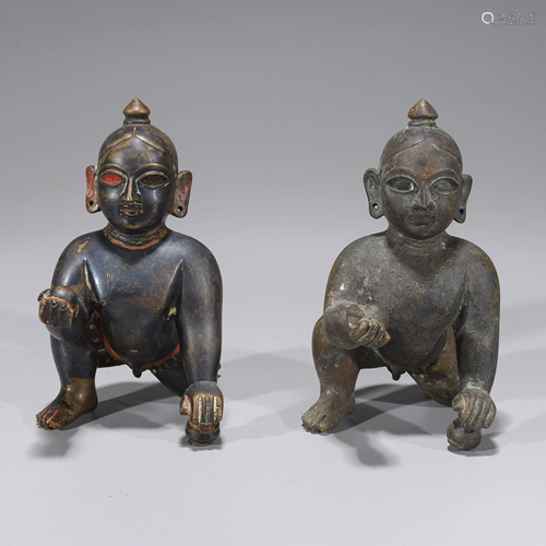 Two Antique Indian Bronze Crawling Shiva Statues