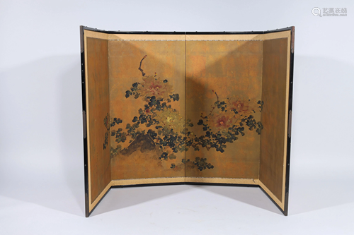 Japanese Painted Four Panel Screen