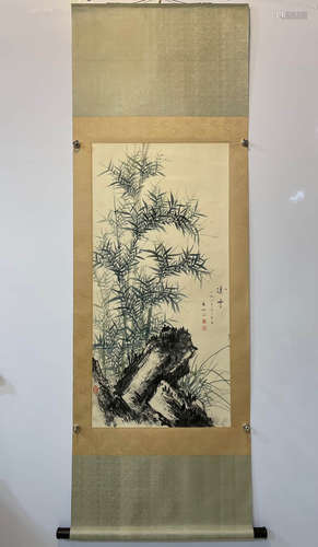 QI GONG, BAMBOO AND STONE PAINTING PAPER SCROLL