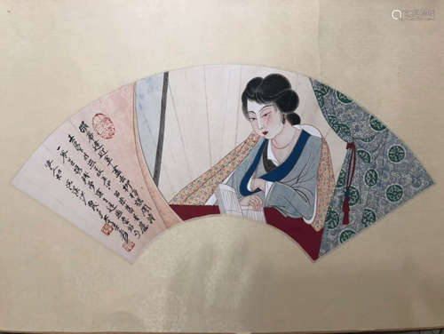 ZHANG DAQIAN, LADY PAINTING ON FAN