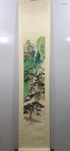 HU YEFO, VERDANT MOUNTAINS PAINTING PAPER SCROLL