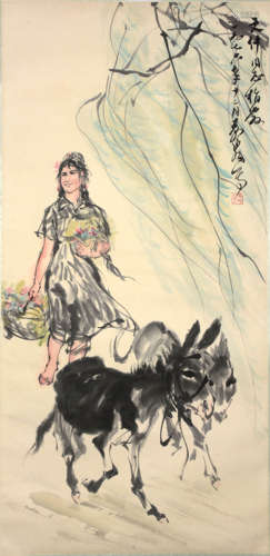 HUANG ZHOU, LADY AND DONKEY PAINTING PAPER SCROLL