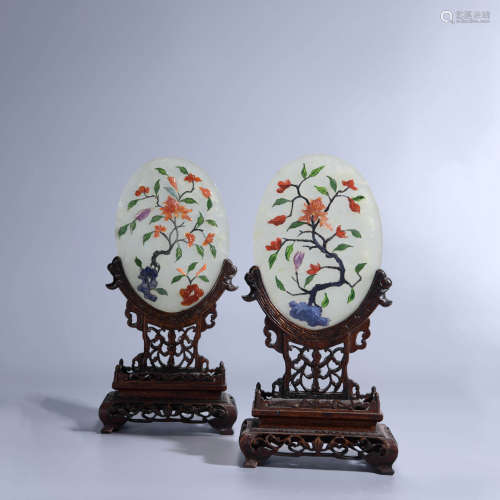 PAIR OF INLAID JADE TABLE SCREENS