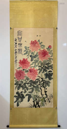 QI BAISHI, PEONY PAINTING PAPER SCROLL