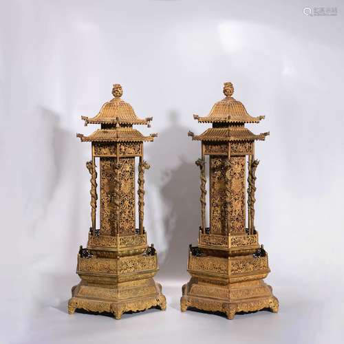 PAIR OF GILT BRONZE PAGODA